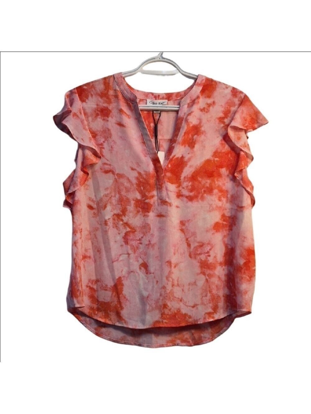 Calvin Klein Coral and Orange Tie-Dye Ruffle Sleeve Blouse Size M